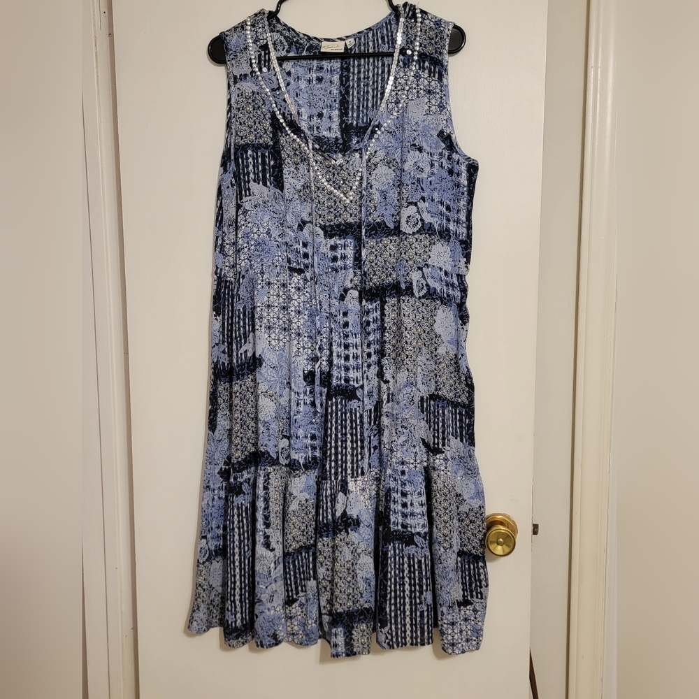 Kim Rogers House Dress Blue Patchwork Sequines Cool Rayon Vtg Made In Iindia